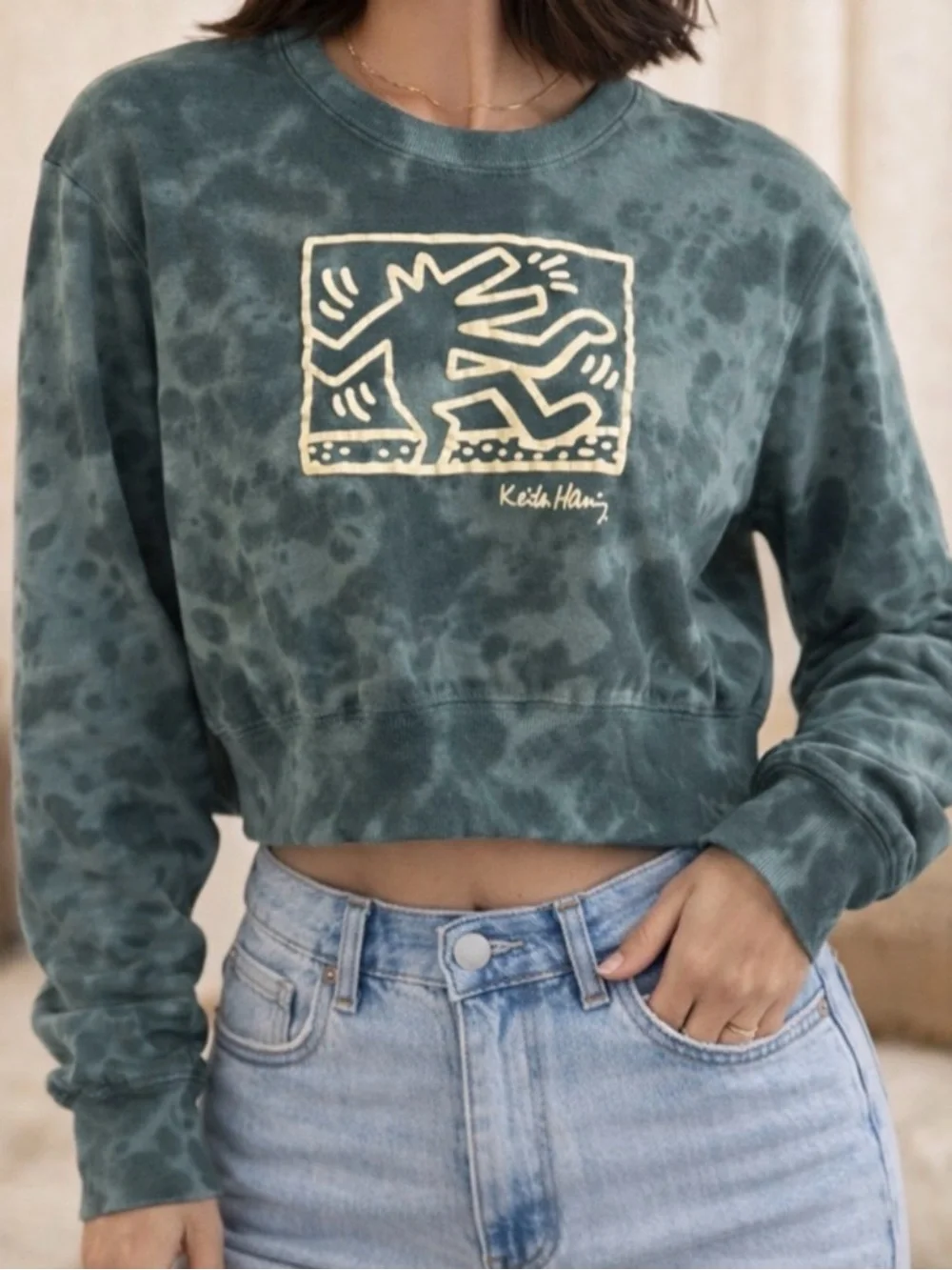 Keith Haring | Green | Tie Dye | Cropped Graphic Sweatshirt